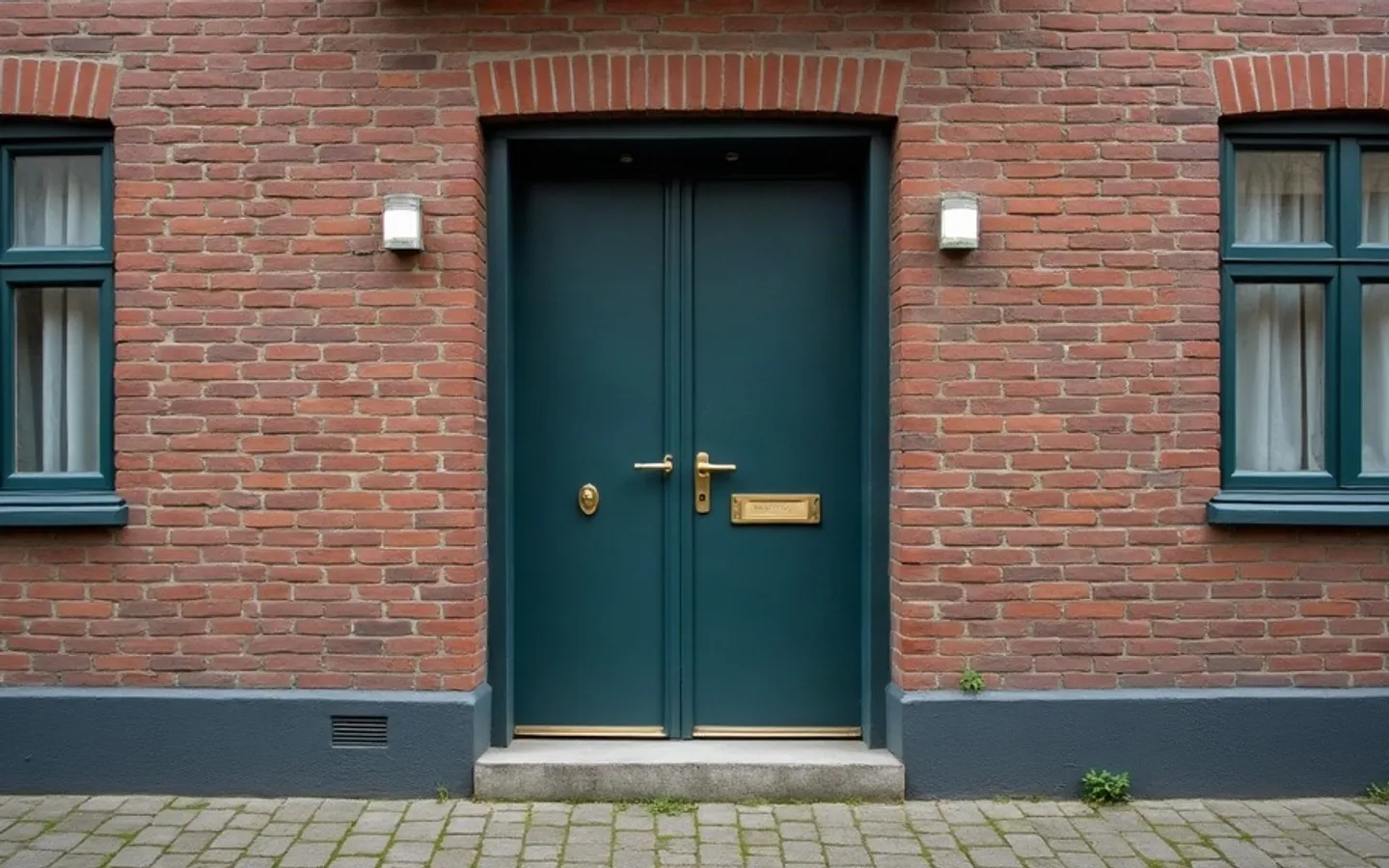 Donkergroene dubbele voordeur met een koperen brievenbus in een rode bakstenen gevel, met gesloten gordijnen achter de ramen ernaast.