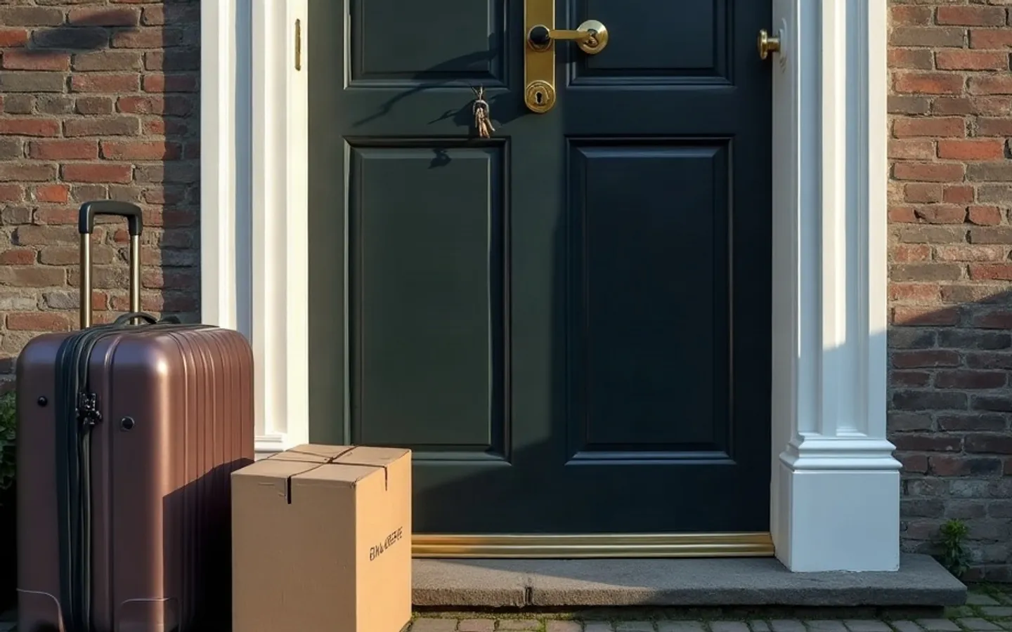 Voordeur van een Nederlands grachtenpand in ochtendlicht, met een sleutelbos in het slot en een koffer en verhuisdoos op de stoep.
