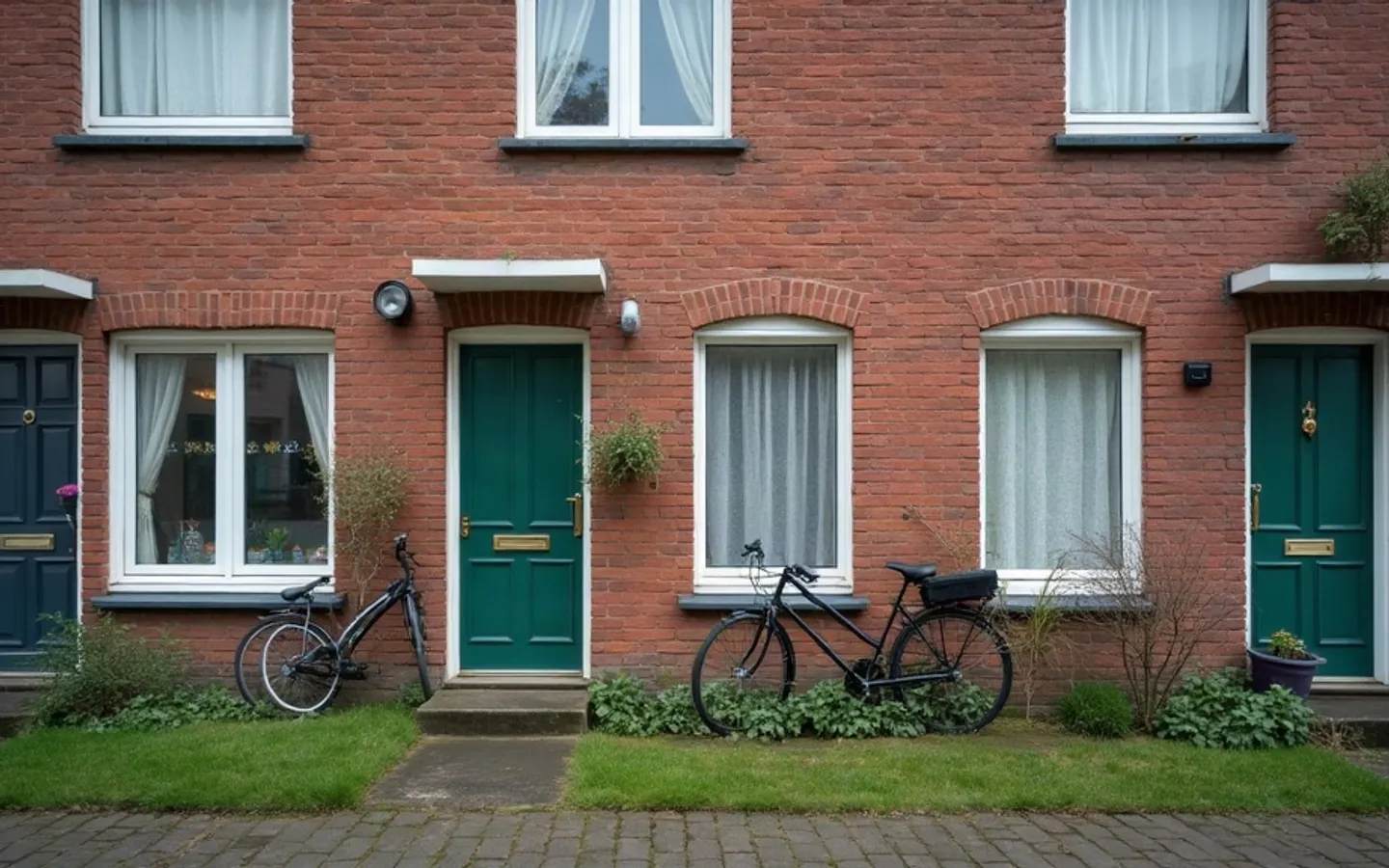 Bakstenen rijtjeswoning in ochtendlicht, de gordijnen zijn dicht en er staat een fiets tegen de gevel naast de voordeur.
