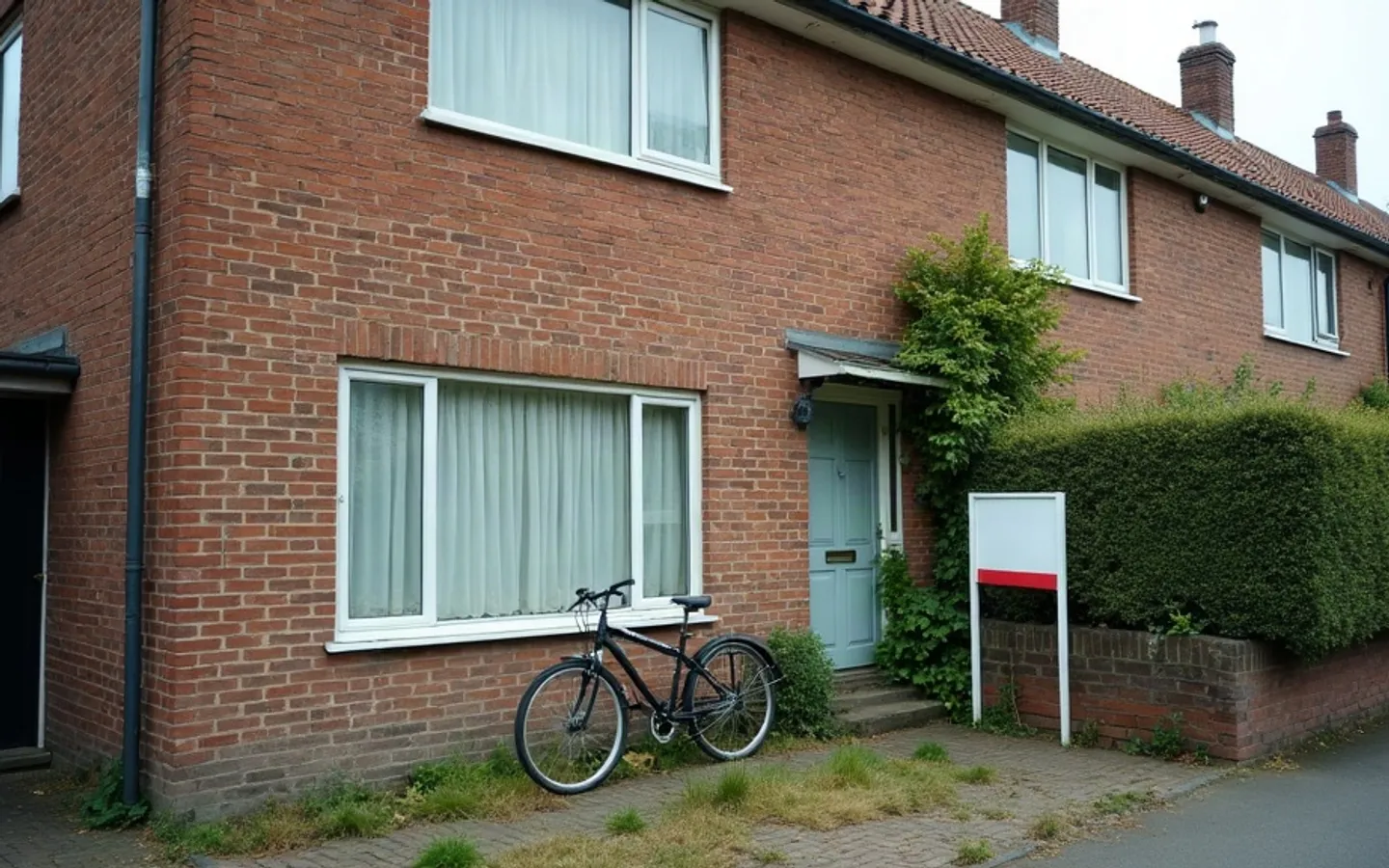 Bakstenen gevel van een Nederlandse bovenwoning in het vroege ochtendlicht, met een verlicht raam met gesloten gordijnen boven een dichte voordeur en een fiets aan het hek.
