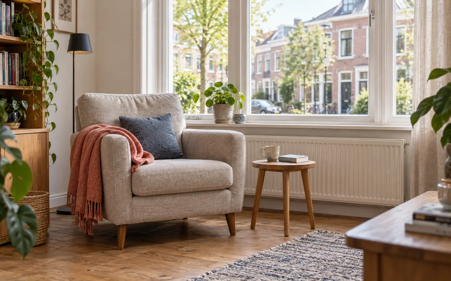 Bewoonde woonkamer met een fauteuil bij het raam en uitzicht op een Nederlandse straat