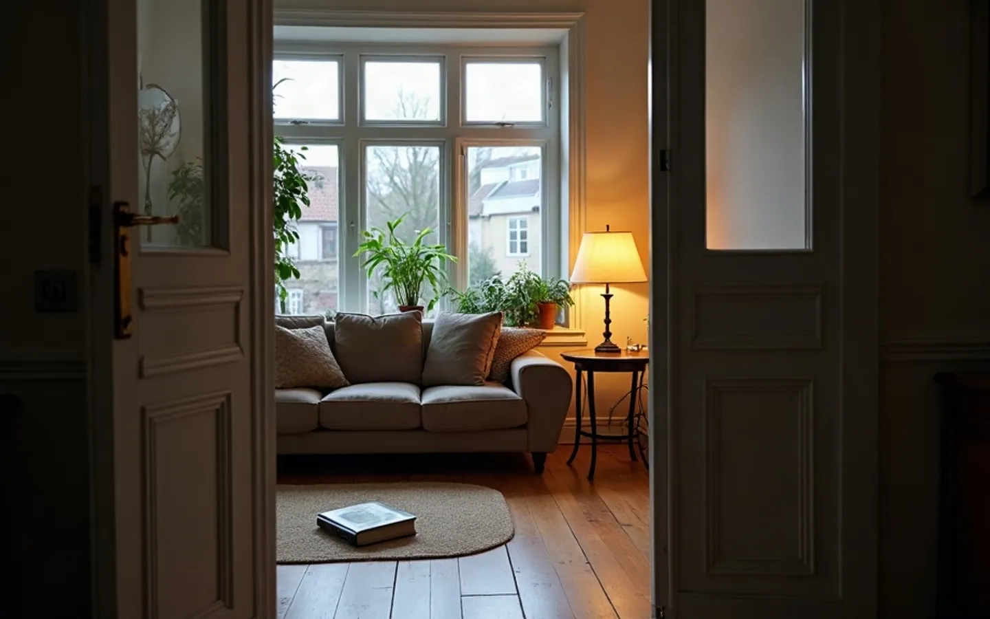 Een rij bakstenen rijtjeswoningen in een Nederlandse straat in de vroege ochtend, met hoge ramen en voordeuren. In een van de erkers hangt een klein bordje.