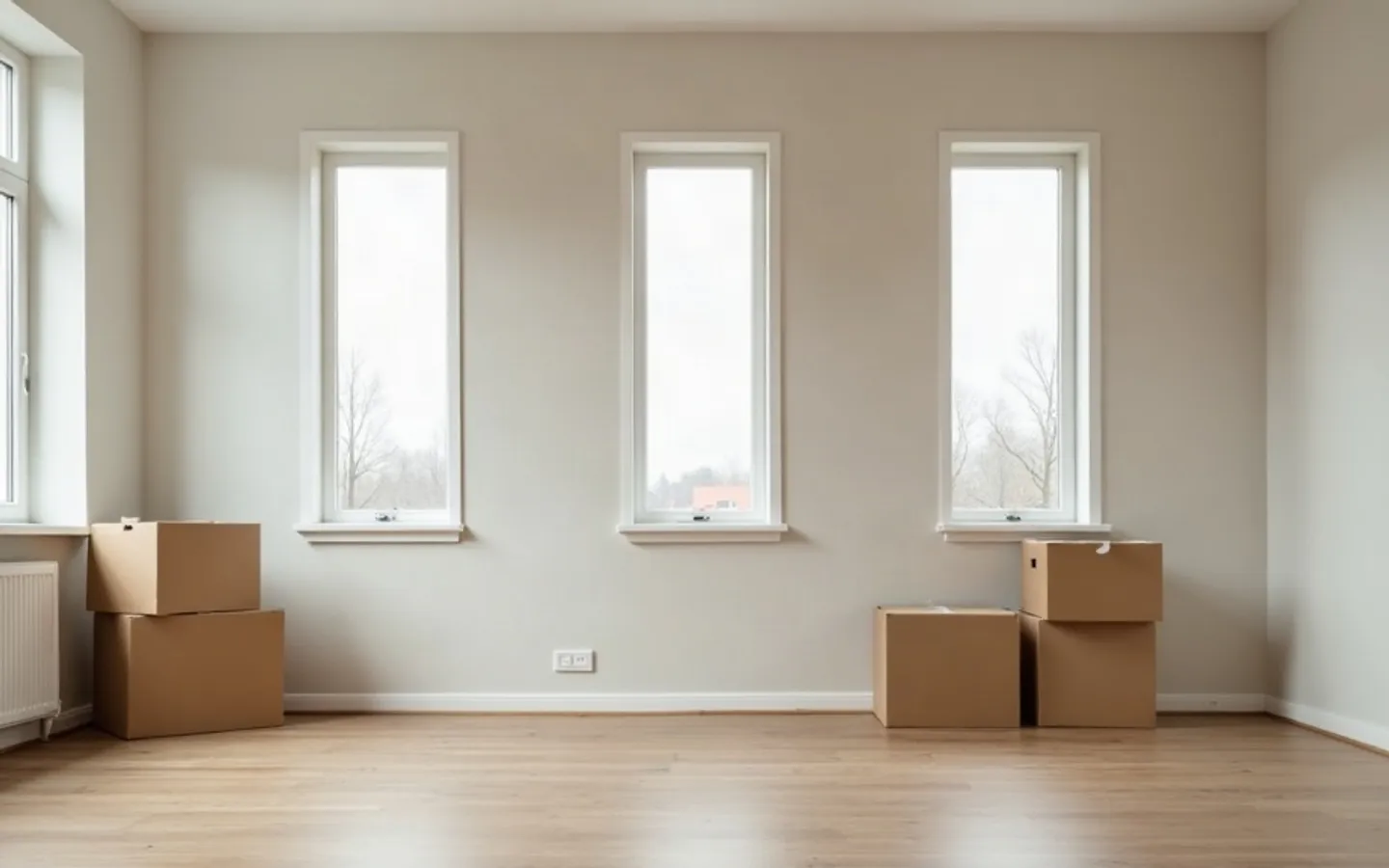 Een lege woonkamer met kale muren waar lichtere vlekken van weggehaalde schilderijen zichtbaar zijn, bij het raam staan enkele opgestapelde verhuisdozen.