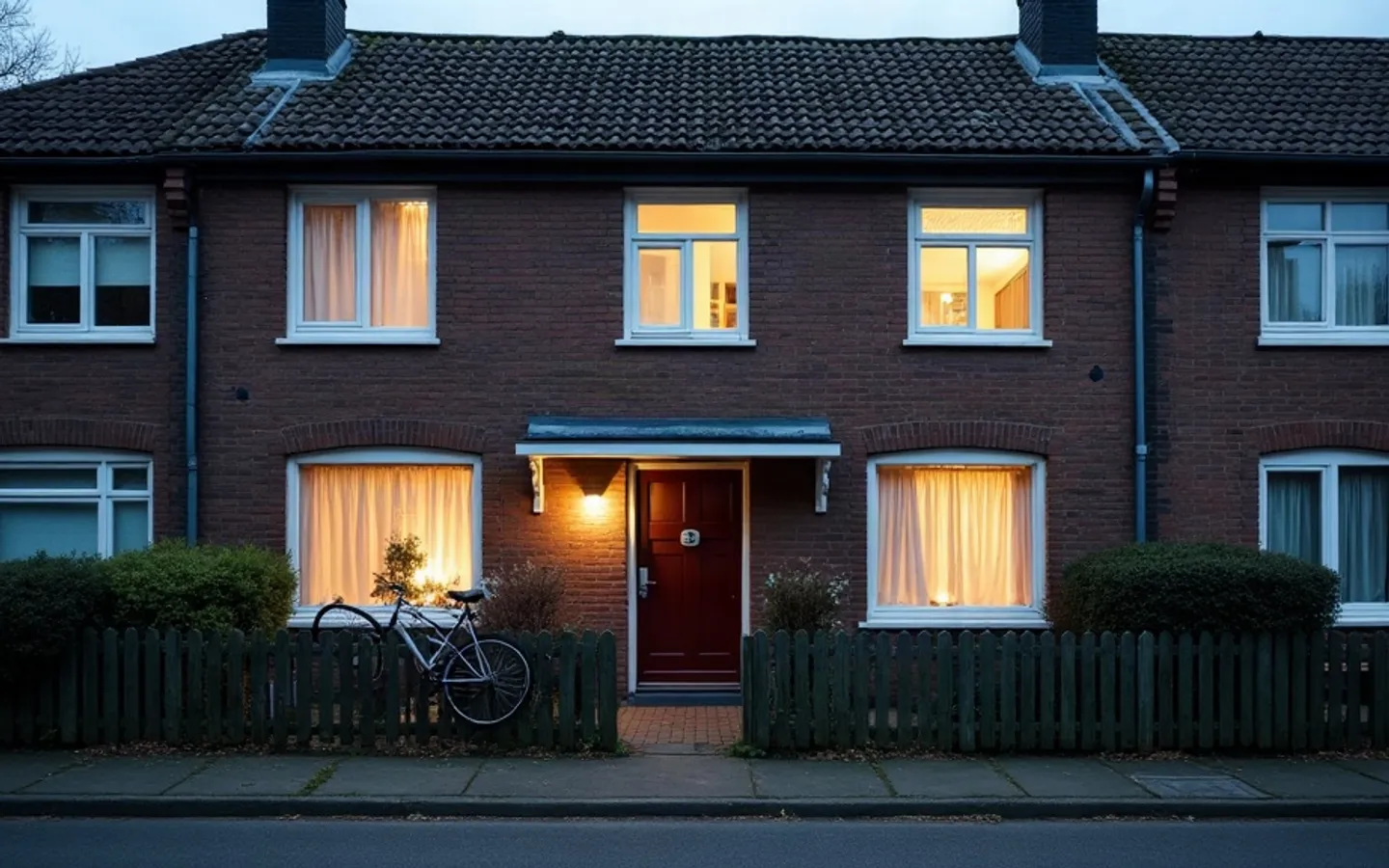Verlichte voorgevel van een Nederlandse rijwoning bij schemering, met een fiets tegen het tuinhek en de gordijnen dicht.