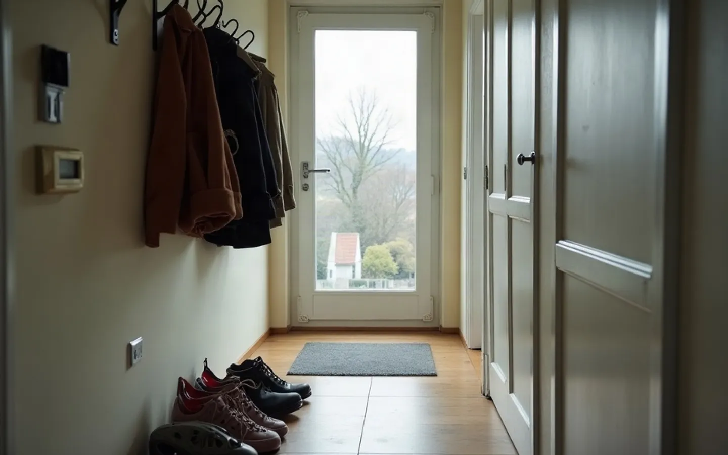 Een gang met jassen aan haken en schoenen op een rek.