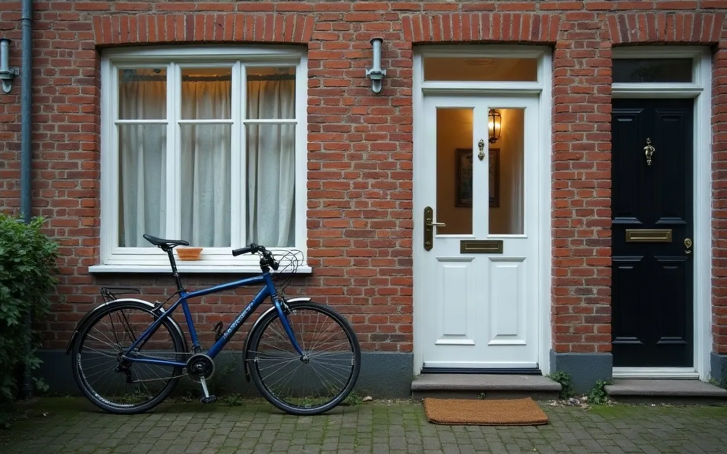 Bakstenen rijtjeswoning in een rustige straat bij ochtendlicht, met een verlicht raam op de bovenverdieping en een fiets tegen het hek naast de voordeur.